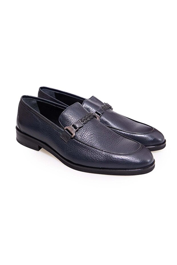 Dark Blue Color Laceless Genuine Leather Men's Shoes