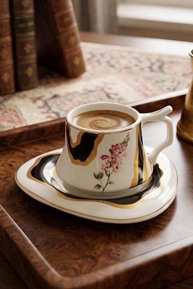2-Person Gold Gilded Black Marbled Patterned Floral Porcelain Coffee Cup Set