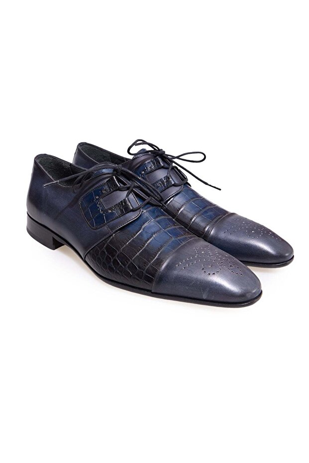 Dark Blue Color Lace-Up Genuine Leather Men's Shoes