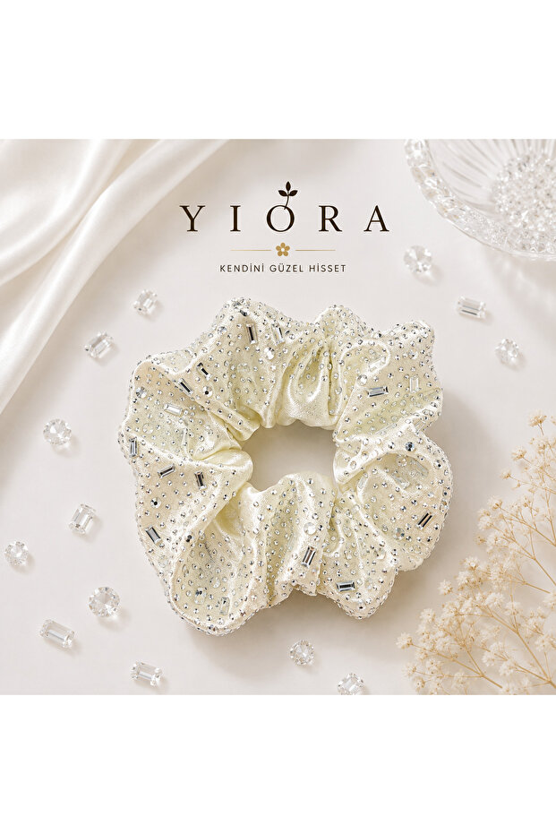 Special Series Stone Detailed Shimmering First Quality Satin Fabric Pastel Tone Scrunchie Simit Rubber Hairpin