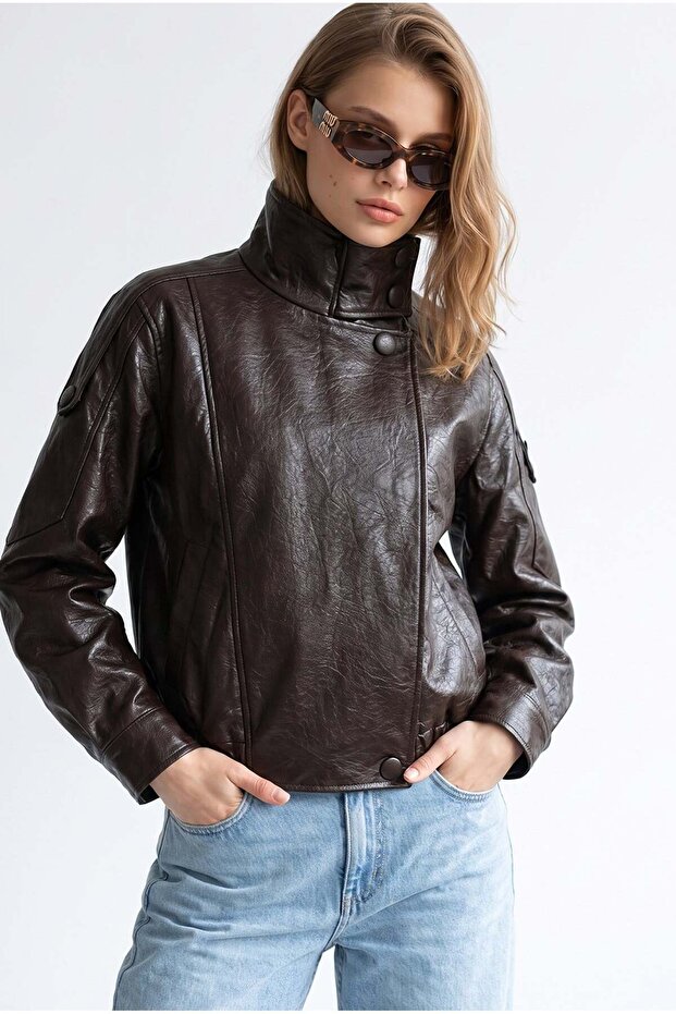 2218 Women's Stand Collar Epaulet Leather Bomber Jacket Brown