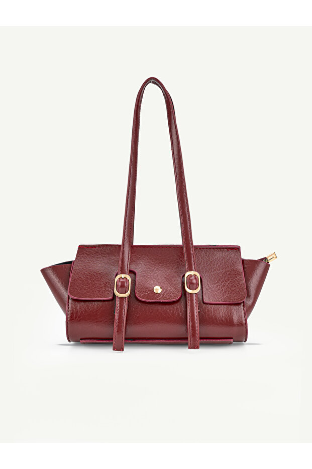 Yennefer Burgundy Belt Buckle Detailed Rectangular Baguette Handbag & Shoulder Bag