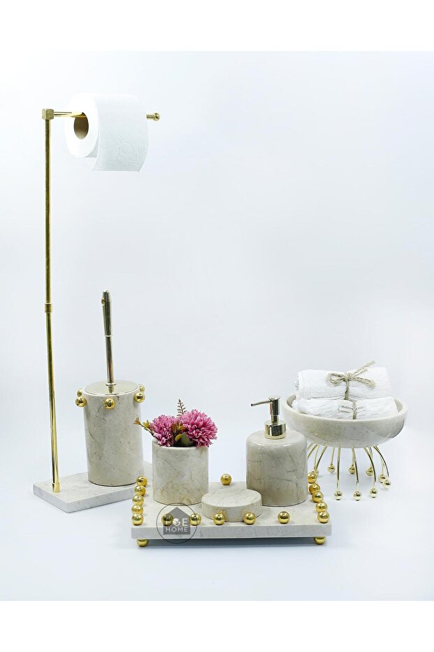 Aura Lux Collection - Beige Marble 7 Piece Gold Bowl Bathroom Set