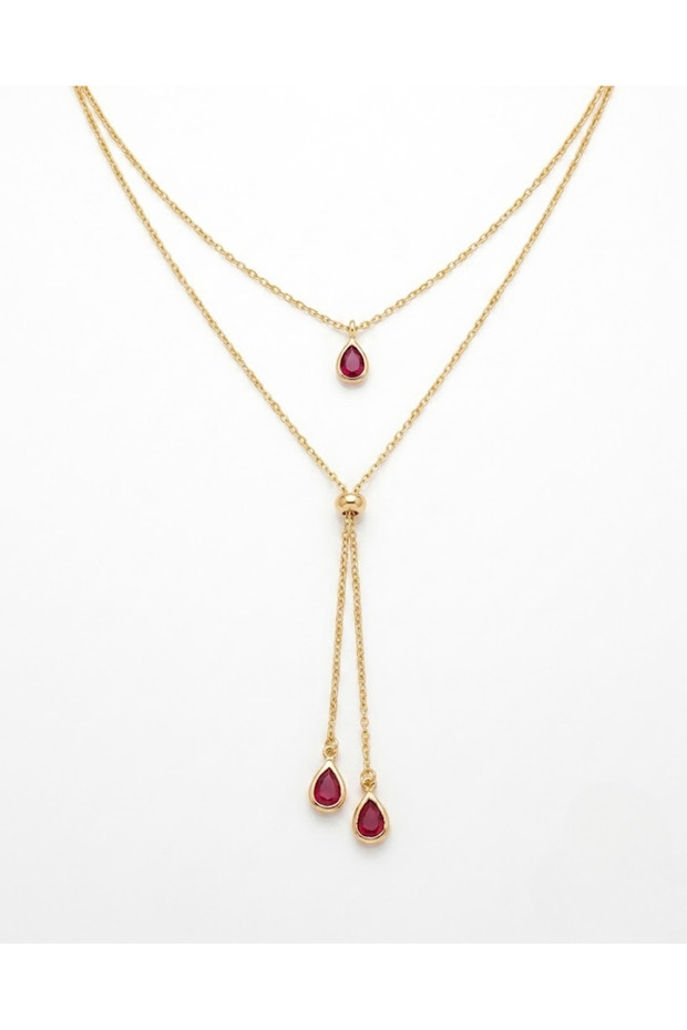 Women's Gold Color Red Drop Stone Double Y Necklace