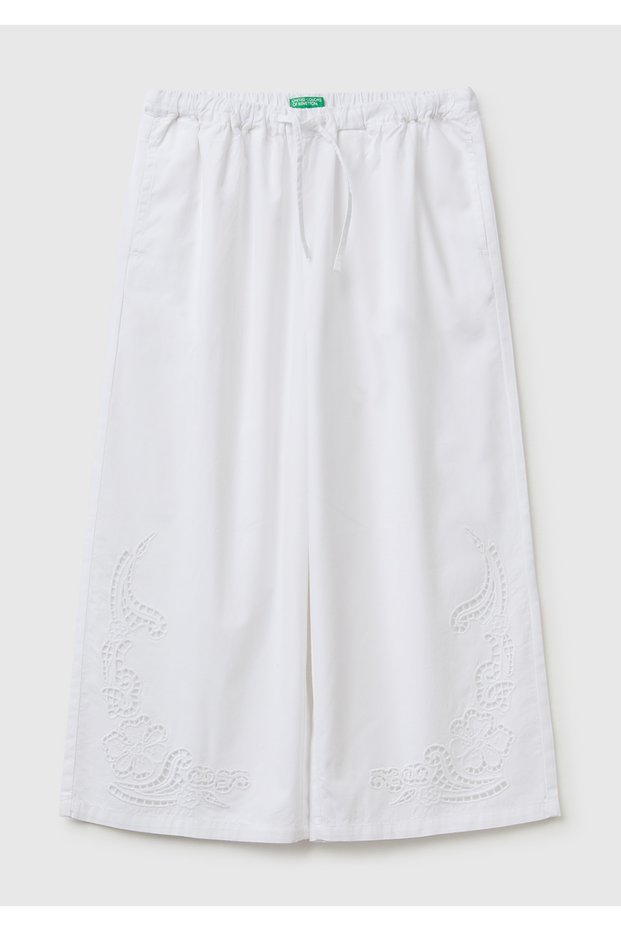 Girl's White Wide-Legged Pants with Embroidery Detail and Drawstring Waist