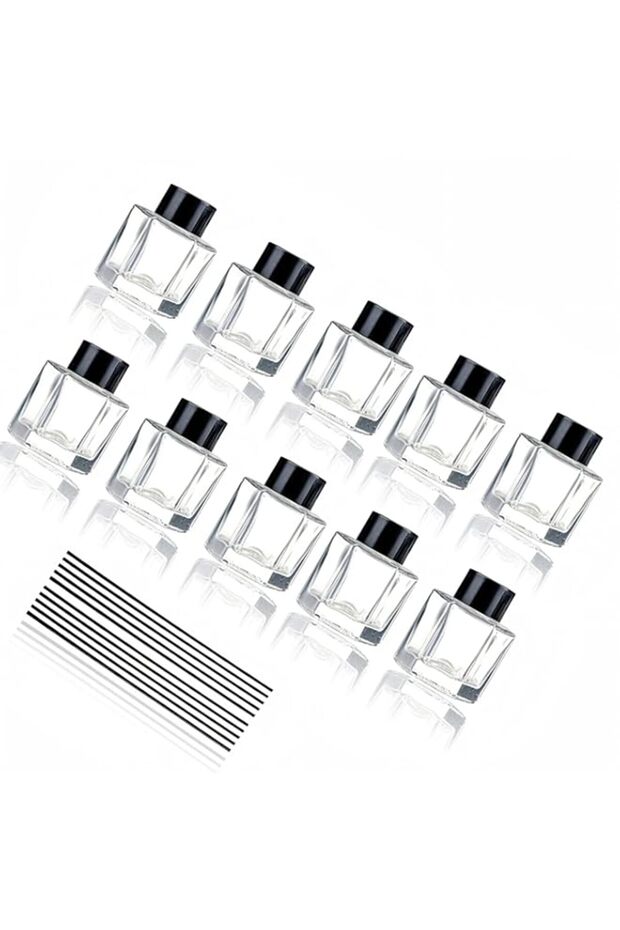 Glass Diffuser Bottles 50 ml with Black Aromatherapy Stick & Caps – Refillable Essential Oil Aromatherapy Set for Home, Bathroom, Office – 10-Piece Set