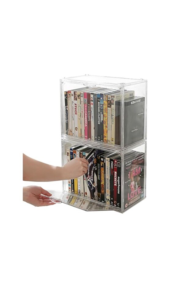 Clear Acrylic DVD Storage Organizer Boxes, 2Pcs Durable Disc Holder, Fits Up to 34 Cases Each, Stackable Media Organizer for DVDs, Blu-ray, CDs, Video Games, Space-Saving Design