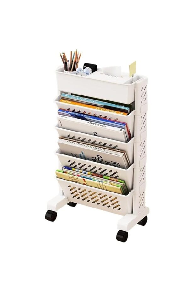 5 Tier Movable Bookshelf Cart Rolling File Paper Storage Organizer Book Rack Storage Bookshelf Rolling Utility Cart Multi Casters for Study Office Kitchen Classroom
