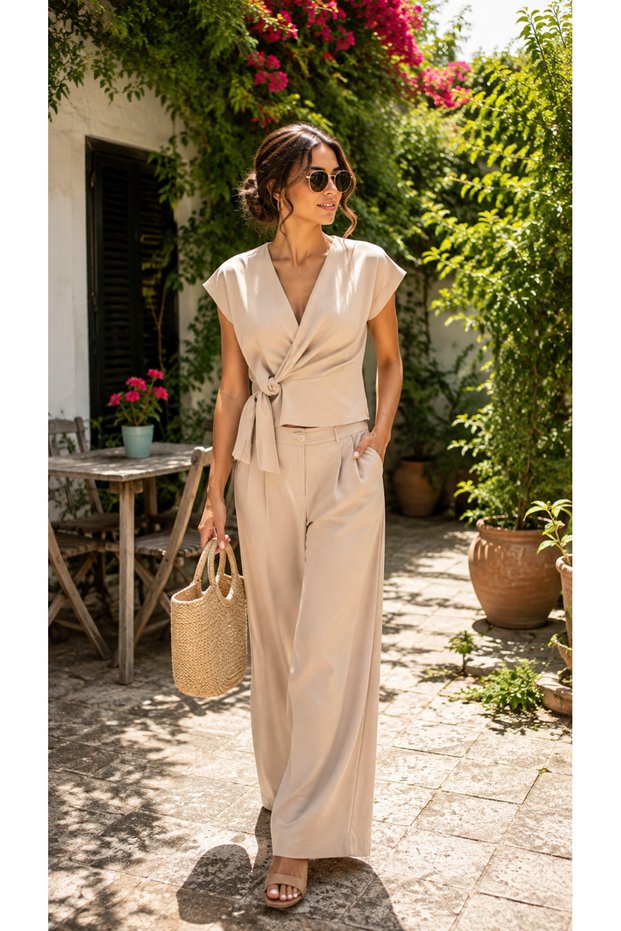 Women's Beige Tie-Detail Double Set Double-Breasted Blouse Palazzo Trousers Summer Set