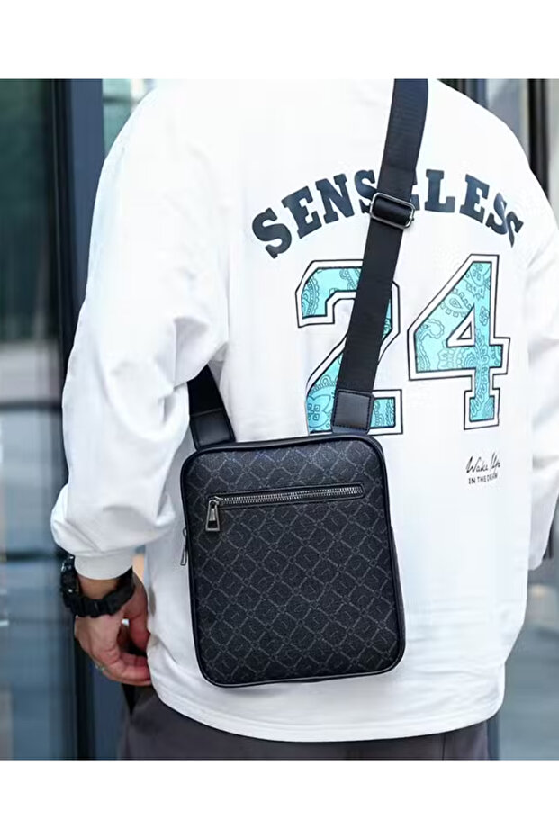 Men's Black Patterned Leather Crossbody Messenger Bag