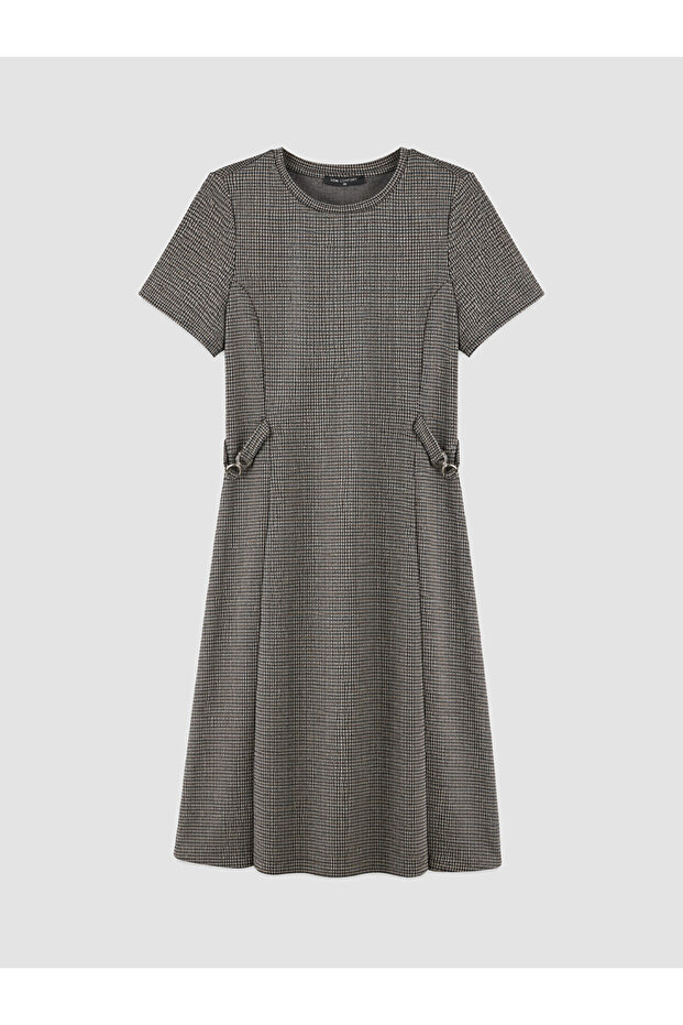 Brown Crew Neck Patterned A-Line Dress