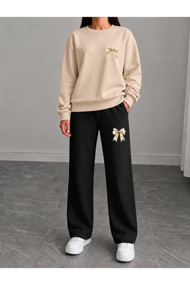 Flower Pattern Ribbon Printed Women's Tube Collar Bottom/Up Trouser Track Suit Set