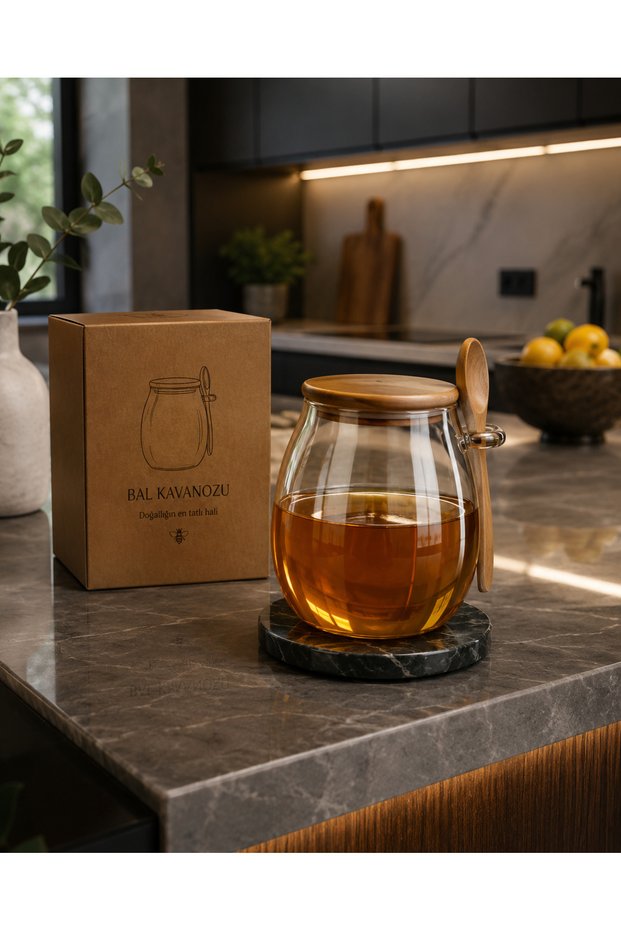 Stylish Gold-Colored Bamboo Spoon with Bamboo Lid and Gift Honey Jar