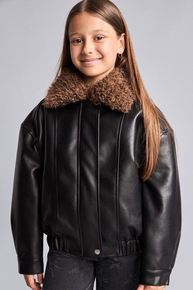 Water Repellent Faux Fur Collar Stitching Detail Faux Leather Jacket Coat Girls G9350A826Au