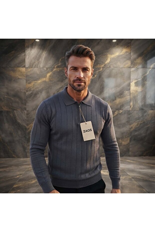 Men's Long-Sleeved Zip-Up Poloyaka Basic Knitwear Sweater Regular Fit