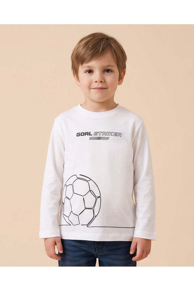 Boys White Football Printed Long Sleeve T-Shirt