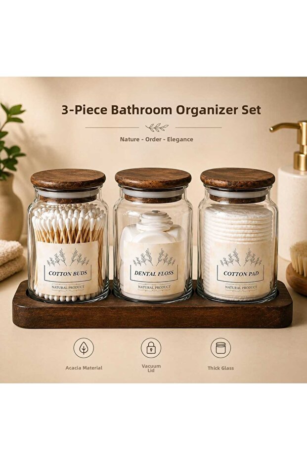 3-Piece Glass Bathroom Organizer Set with Stand and Acacia Lid Cotton Holder Organizer Set