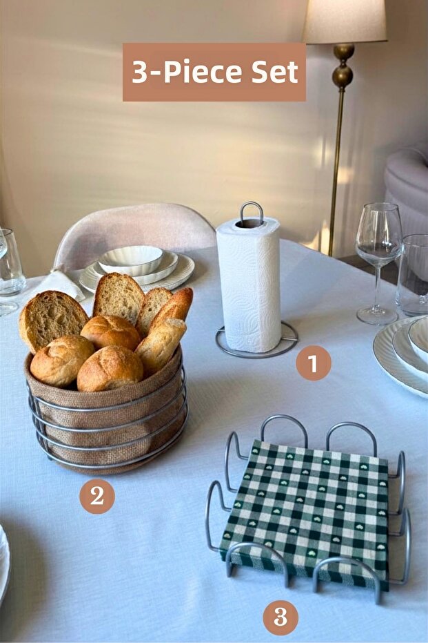 Set of 3 Matte Silver Square Napkin Holder Upright Paper Towel Holder Round Bread Basket Kitchen Set