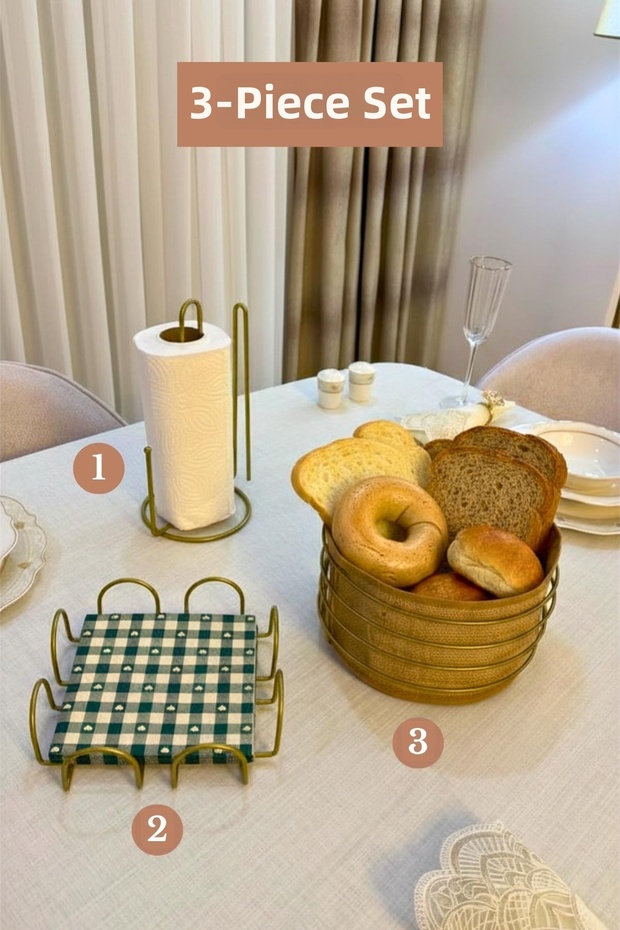 Set of 3 Matte Gold Square Napkin Holders, Vertical Paper Towel Holders, Round Bread Basket with Divider, Kitchen Set
