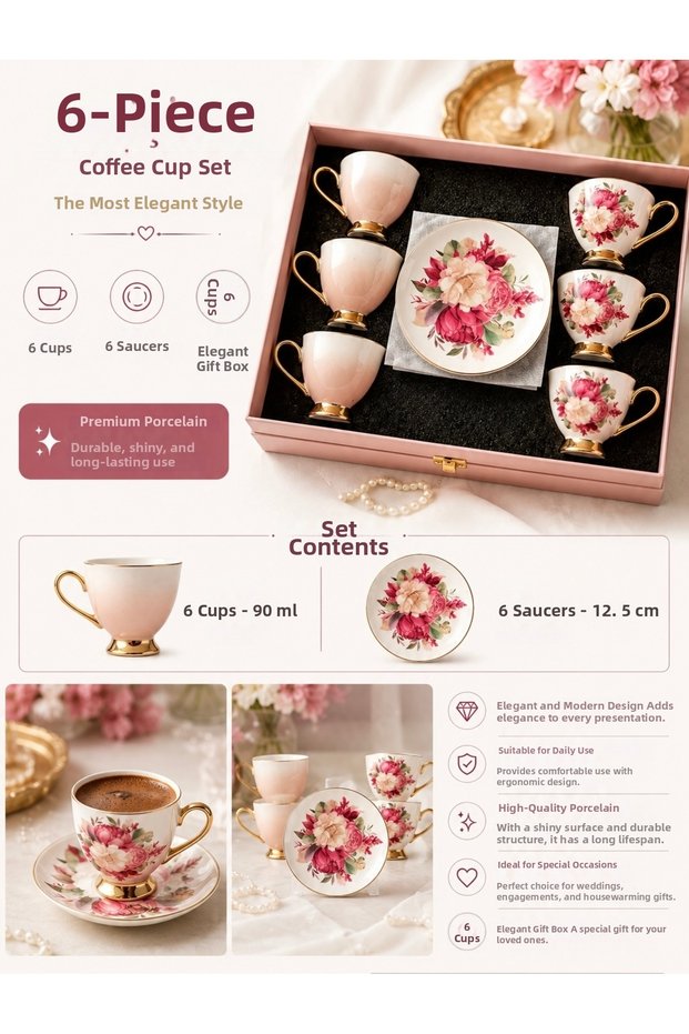 6-Person Porcelain Coffee Cup Set with Gold Detail and Floral Pattern, Luxury Presentation Set