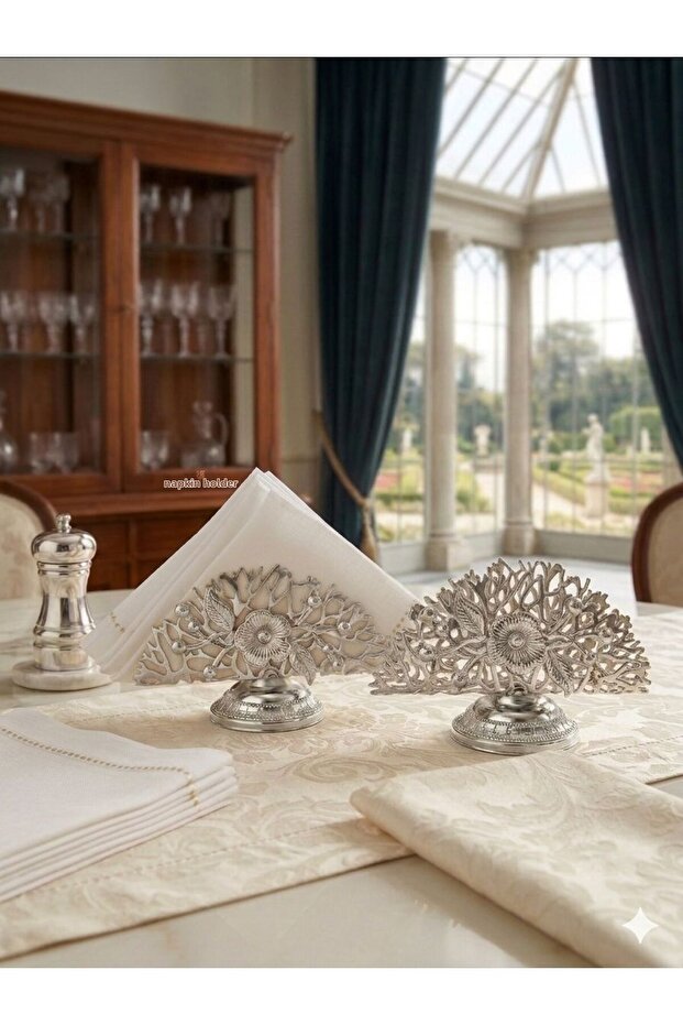 Luxurious Flower-Adorned Silver Metal Presentation Napkin Holder - 2 Pieces