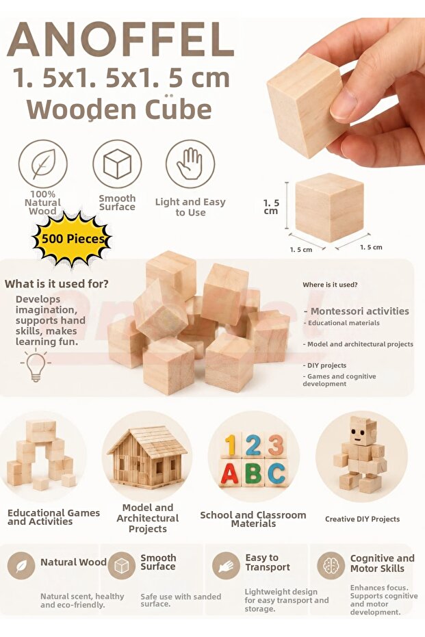 Wooden Natural Cube Blocks 1.5X1.5X1.5 cm 500 Pieces