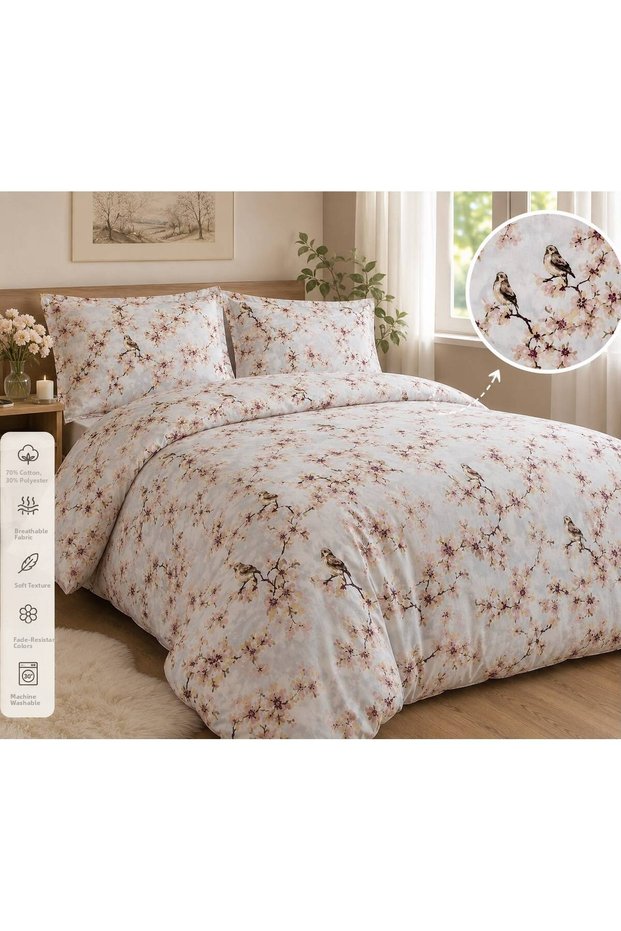 Double Duvet Cover Set Blue Floral Bird Pattern 200 X 220 cm - Pillowcase 50 X 70 cm (X2)