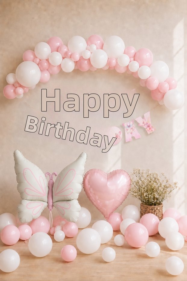 Butterfly Birthday Balloon Decoration Set Pink White Happy Birthday Banner Foil Balloon