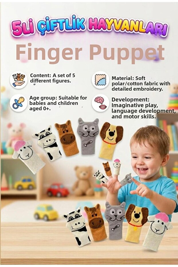 Babycim 5-Piece Farm Animals Finger Puppet - Soft Textured Fun Educational Learning Set