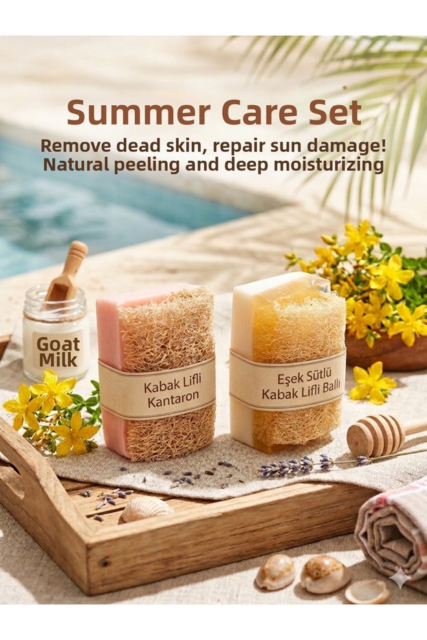 Summer Care Set: Natural Pumpkin Fiber Donkey Milk, Honey and St. John's Wort Soap - Effective for Sunburn, Dead Skin, and Exfoliation