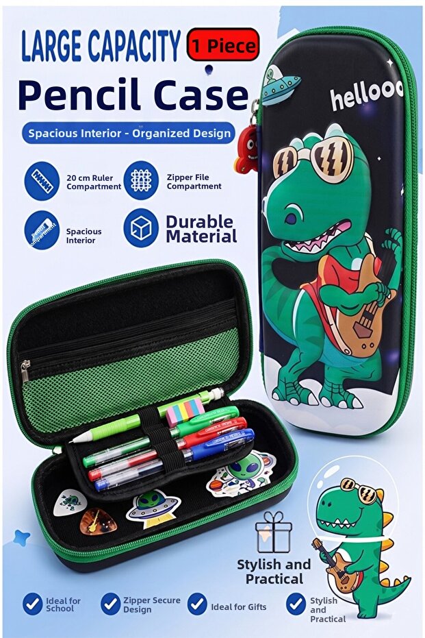 Dinosaur Embossed Compartmented Pencil Holder 1 Piece P-5953 Boy's School Pencil Case 3D Cute Ka