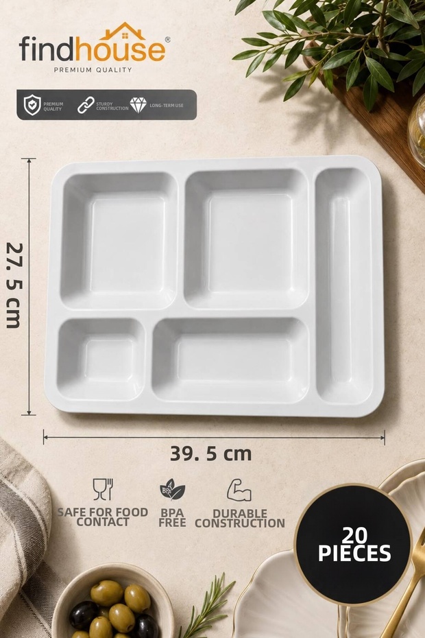 5-Compartment, High-Quality and Convenient 20-Piece Polycarbonate Tableware Serving Plate 39.5X27.5 for Home, Workplace, Construction Site, Cafeteria, School, Dormitory, Restaurant, Factory, Worker's Canteen