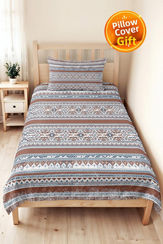 Ethnic Geometric Brown Pique Set - Bohemian Striped Blue Beige 160X220 cm Quilted Bedspread