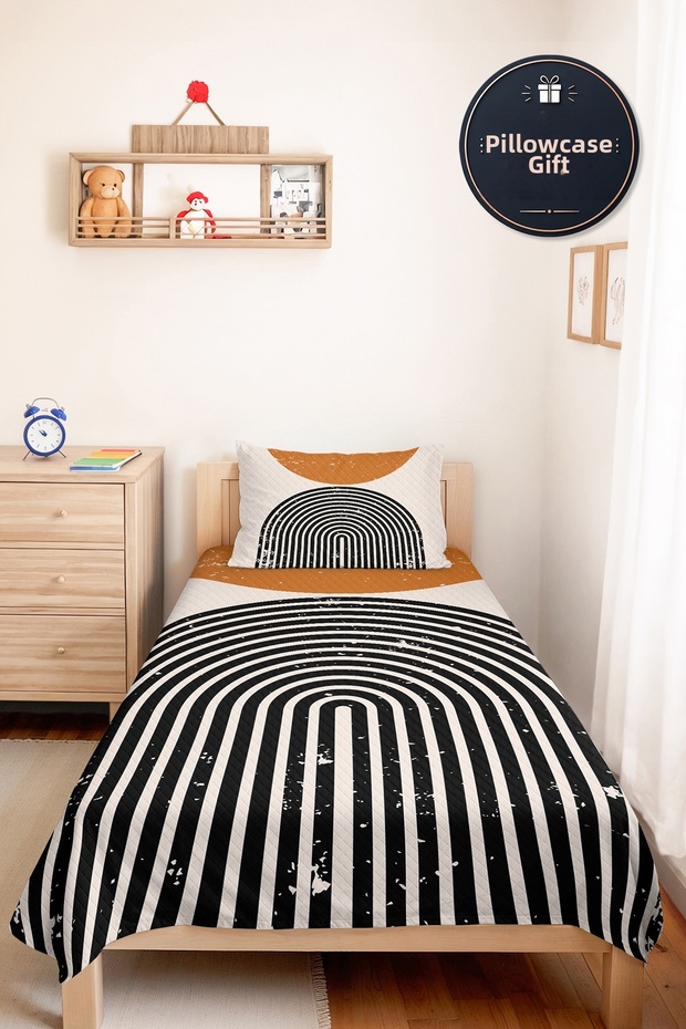 Geometric Black Young Room Single Pique Set - Modern Mustard 160X220 cm Quilted Bedspread