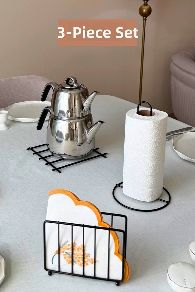 Set of 3 Black Cage Napkin Holder Upright Paper Towel Holder Trivet Kitchen Set