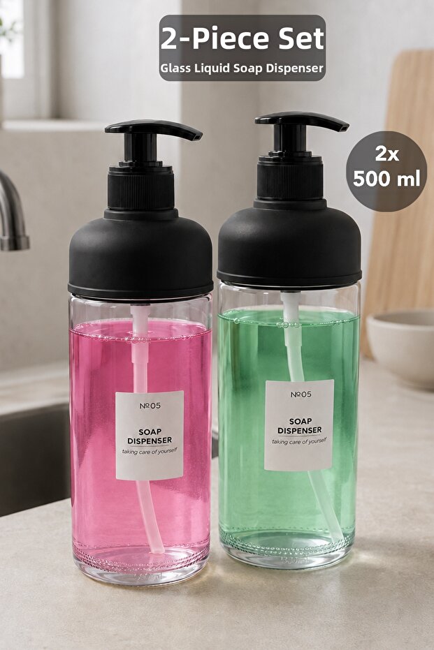 2-Pack Transparent Glass Liquid Soap Dispenser - Dishwashing Liquid Dispenser Glass Bottle Bathroom Kitchen Hand Soap Dispenser 500ml