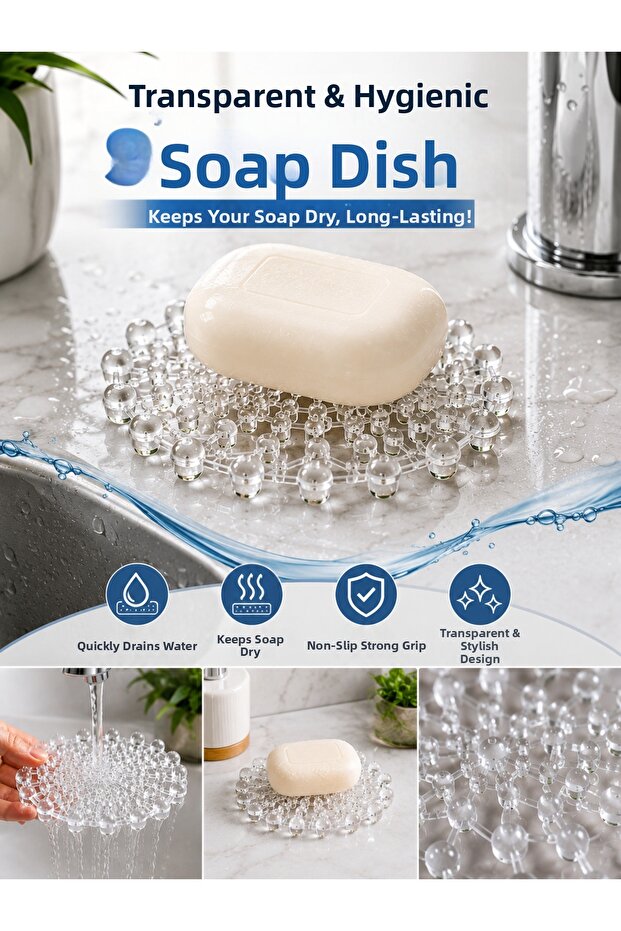 Transparent Soap Dispenser |   Non-Slip Soap Mat with Water Drainage |   Hygienic Bathroom & Kitchen Soap Stand |   1 Piece