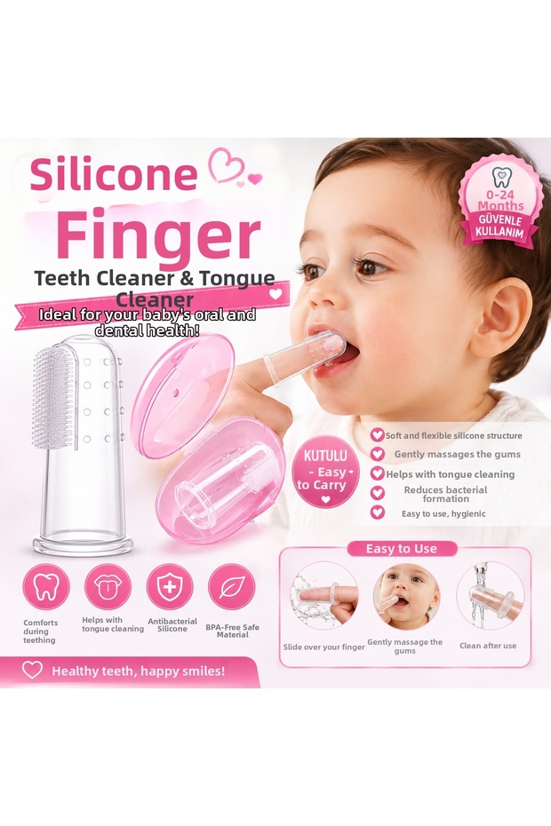 Pink Boxed Finger Baby Toothbrush and Teether Tongue Cleaner Massage Loofah