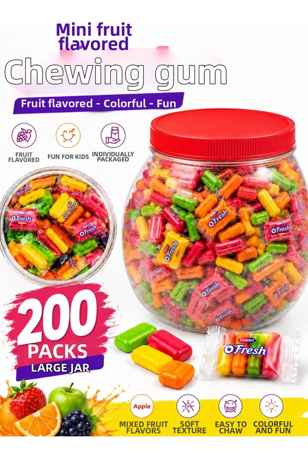 Mini Fruit Flavored Chewing Gum 200 Packs Large Jar Mixed Fruit Soft Chewable