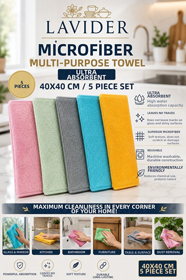5-Pack Microfiber Multi-Purpose Cleaning Cloth 40X40 cm Ultra Absorbent Kitchen Bathroom Glass Dusting Cloth