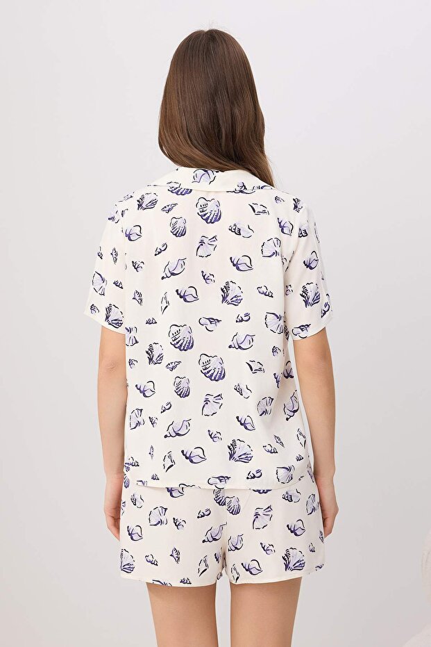 Lacivert Deniz Kabuğu Desenli Viskon Dokuma Pijama Takımı THMSS26PT00214 - 4