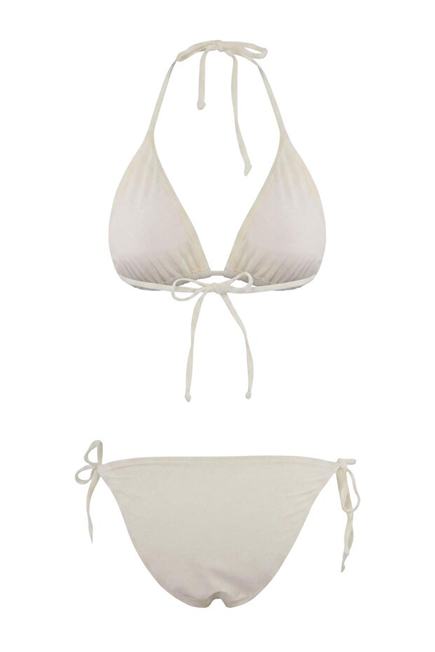 Ekru Üçgen Kaplı Nakış Detaylı Normal Bel Regular Bikini Takımı TBESS26BT00128 - 8