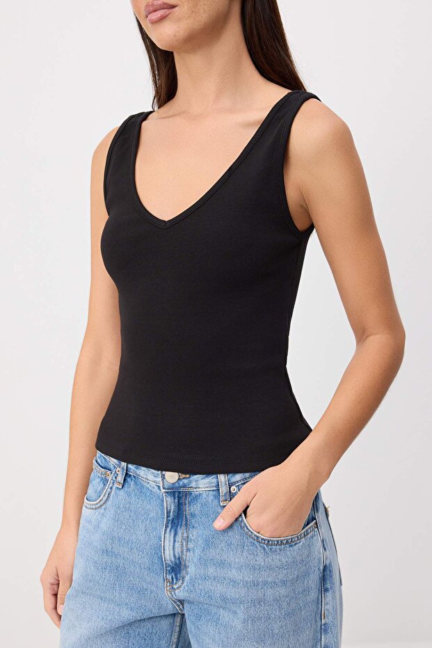 Siyah Fitted/Vücuda Oturan V Yaka Kalın Askılı Kolsuz Fitilli Esnek Örme Atlet TWOSS26AL00079 - 3