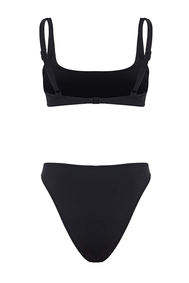 Siyah Kare Yaka Kaplı Normal Bel High Leg Brazilian Bikini Takımı TBESS26BT00151 - 6