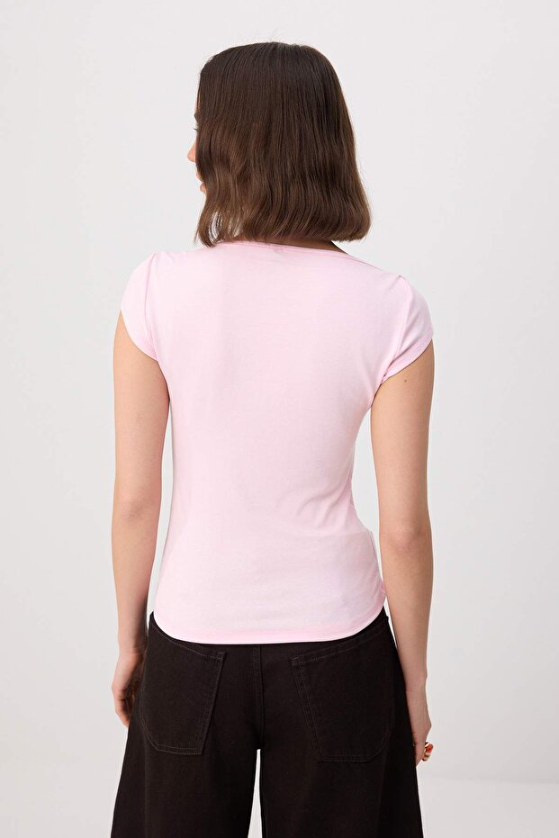 Açık Pembe Fitted/Vücuda Oturan Kayık Yaka Kısa Kollu Yumuşak Örme Bluz TWOSS26BZ00518 - 4