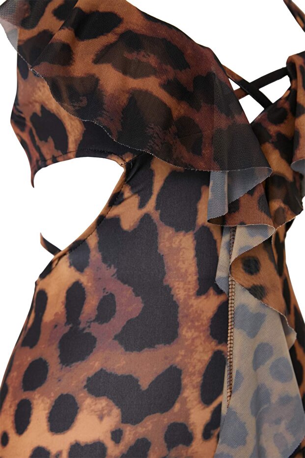 Leopar Desenli Dokuma Fırfırlı Derin Yırtmaç Plaj Elbisesi TBESS26LE00005 - 5