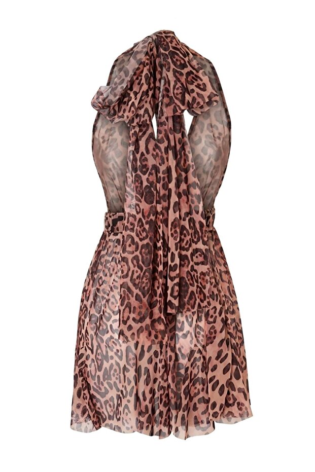 Leopar Desenli Dokuma Mini Boyundan Bağlamalı Mesh Plaj Elbisesi TBESS26LE00007 - 6