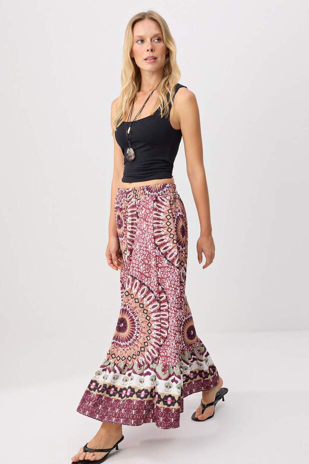 Ethnic Patterned Viscose Skirt with Elastic Waist Twoss26Et00245