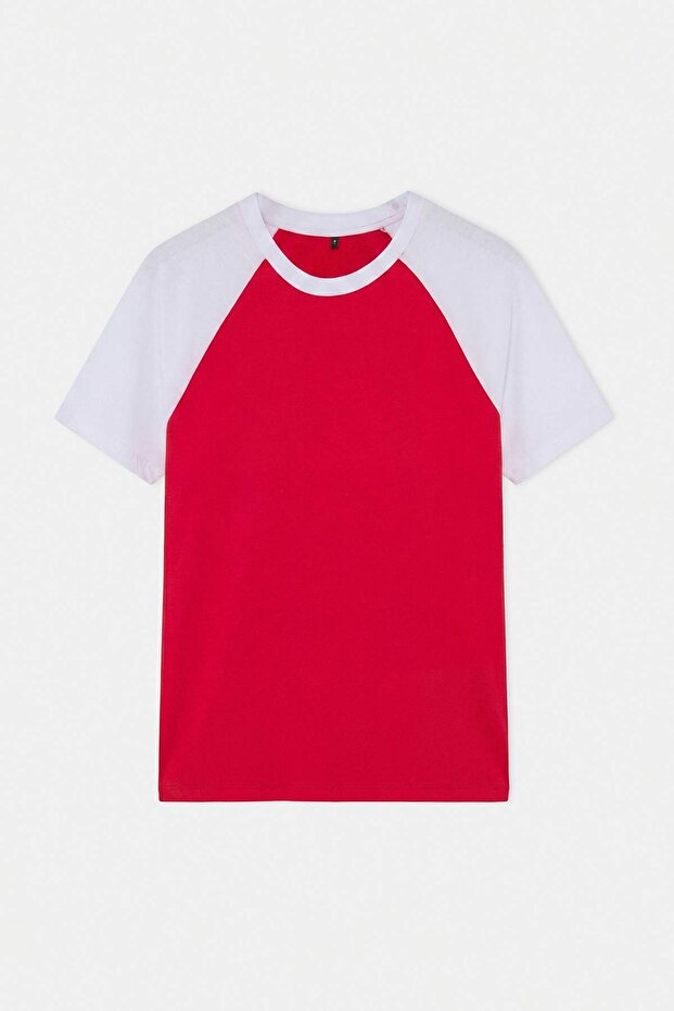 Kırmızı-Beyaz Düşük Omuz Regular Renk Bloklu %100 Pamuk T-Shirt TMNSS26TS00079 - 7