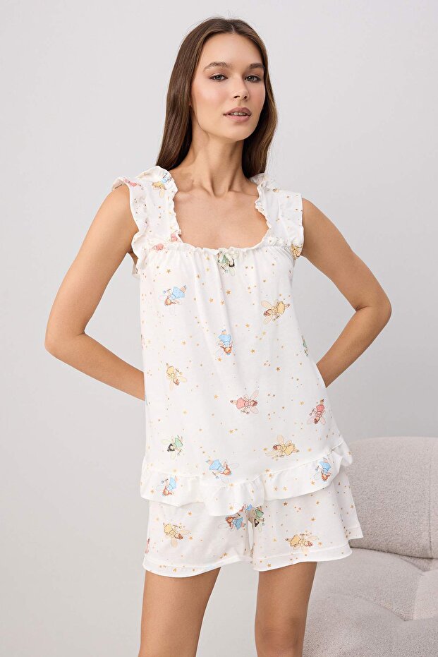 Teen Ekru %100 Pamuklu Eğlenceli Peri Baskılı Örme Pijama Takımı THMSS26PT00179 - 1